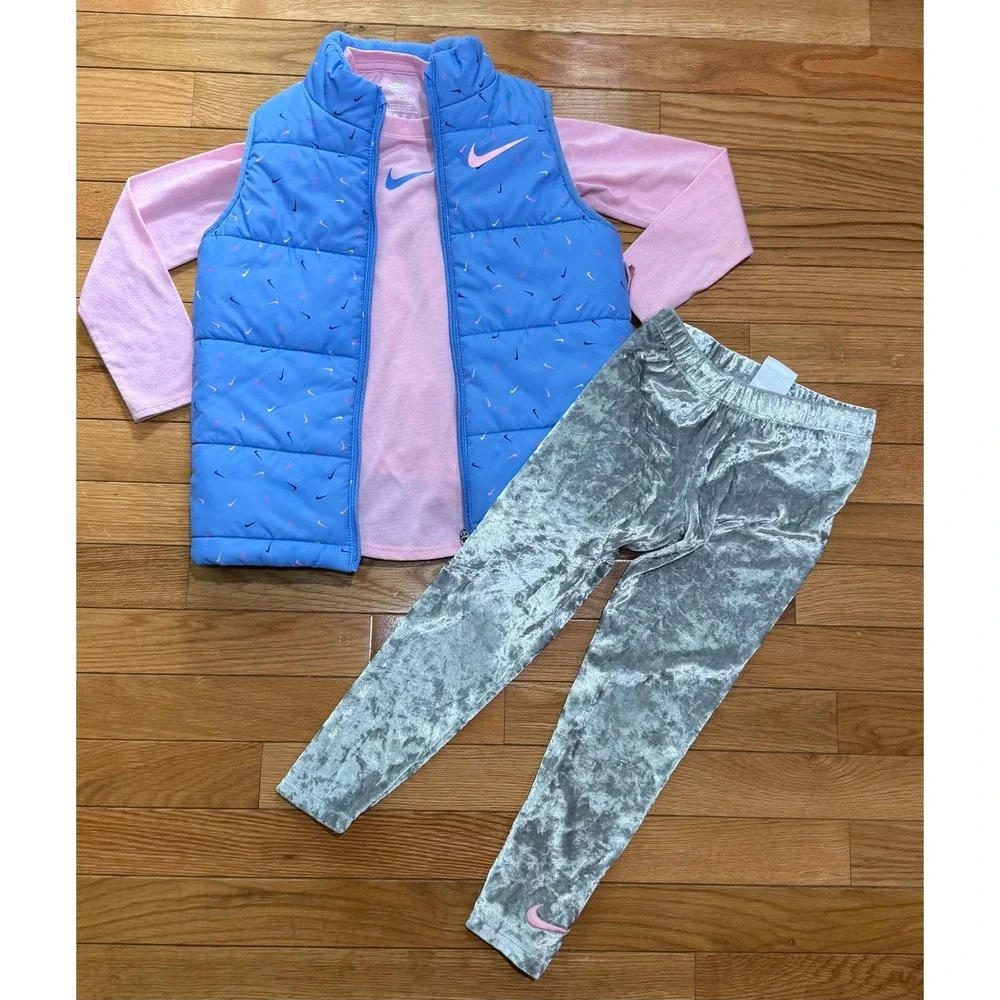 Nike Girls 3-Piece Set Puffer Vest Pink Shirt Silver Velvet Leggings Size 6 5-6Y